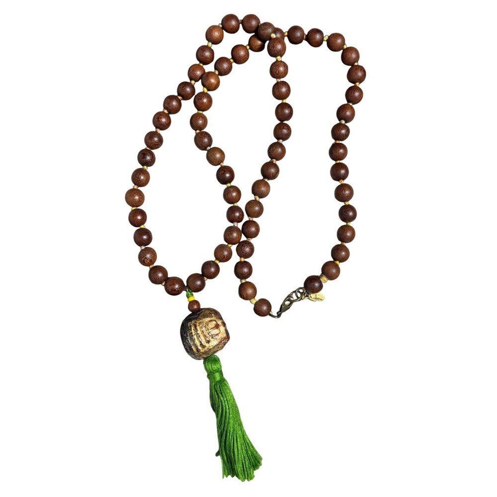 Melina Wood Handmade Beaded Gold Leaf Tassel Necklace Brown Green Boho Artisan
